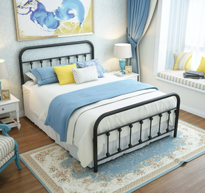 lot 16473 image: NACHTIMOOR Queen Platform Metal Bed Frame with Headboard and Footboard,Vintage Victorian Style Mattress Foundation, No Box Spring Required, Under Bed Storage (Queen, Black) - Retail $149