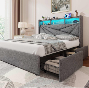 lot 16475 image: LED Queen Bed Frame with 4 Storage Drawers, Upholstered Bed Frame Queen Size with 2-Tier Headboard and Charging Station, No Box Spring Needed, Easy to Assembly - Light Grey - Retail $269