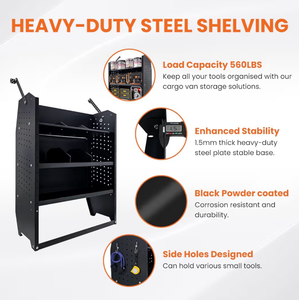 lot 16477 image: Black Steel Cargo Van Shelving Storage System Adjustable Height Fit for Ford Transit Connect 2014, Ram Promaster City, Chevy City Express, Nissan NV200 52 W x 43 H x 13 D - Retail $299