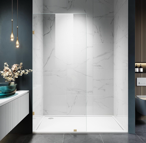 lot 16478 image: Shower Glass Panel, 34 W x 78.75 H Fixed Shower Screen Panel with 38(10mm) SGCC Clear Tempered Glass, Frameless Walk in Shower Door for Bathroom (Bright Gold, 34 W x 78.75 H) - Retail $359