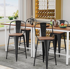 lot 16482 image: Alunaune 24 Swivel Metal Bar Stools Set of 4 High Back Counter Height Barstools Industrial Dining Bar Chairs with Large Wooden Seat-Matte Black - Retail $199