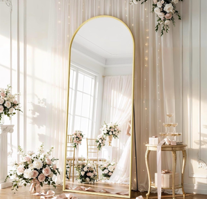 lot 16483 image: 26x71 Inch Full Body Mirror - Large Arched Full Length Mirror with Stand Aluminum Frame Wall Mounted Leaning for Bedroom Living Room - Retail $119