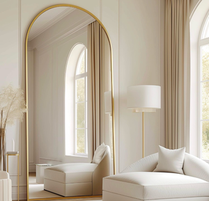 lot 16490 image: Arched Full Length Mirror, 70x26 Free Standing Floor Mirror, Modern Full Body Mirrors with Stand, Wall Mirrors with Aluminum Alloy Frame for Bedroom,Living Room, Gold - Retail $99