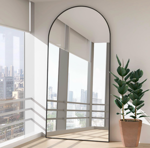 lot 16491 image: Arch Full Length Mirror Arched Floor Mirror 78x38 with Stand Large Wall Mirrors Full Body Mirror Black Standing Hanging or Leaning Against Wall for Bedroom Entry, Bedroom, Living Room - Retail $149