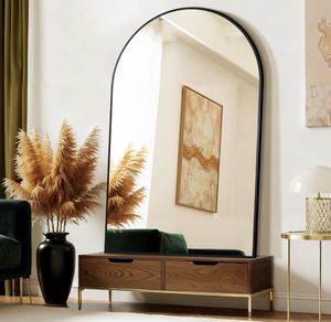lot 16492 image: FICTOR Bathroom Vanity Mirror for Wall,55��x35�� Large Arched Bathroom Mirror, Metal Framed with HD Shatter-Proof Glass for Entryway, Living Room,Bedroom, Wall Mounted or Leaned Against(Black) - Retail $169