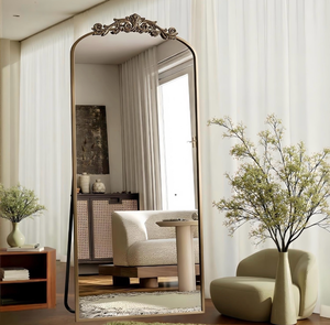 lot 16493 image: Arched Full Length Mirror, 71x28 Full Body Mirrors with Carved, Floor Mirror for HomeDecor, StandingHalling Large Wall Mirror for Bedroom, Living Room, Cloakroom, Bronze, Retro Style - Retail $169