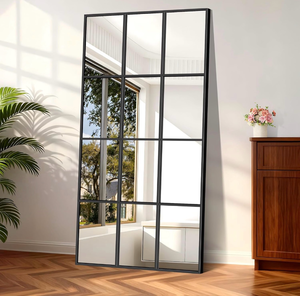 lot 16494 image: YIROMAN Window Pane Mirror, 30x60 Inch Black Rectangular Decorative Wall Mirror, Large Window Metal Framed Mirrors for Bedroom Living Room Fireplace Entryway, Hanging or Leaning Against Wall - Retail $179