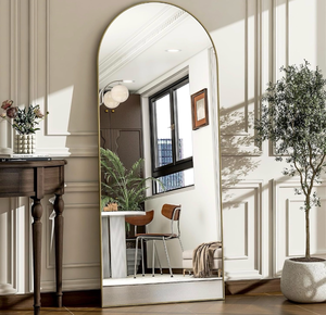 lot 16496 image: 57 x 20 Arched Full Length Mirror - Wall MountedFloor Mirror Aluminum Alloy Frame Full Body Mirrors for Bathroom Living Room Bedroom and Entryway,Gold - Retail $119