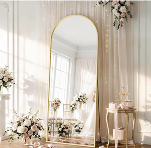 lot 16497 image: 26x71 Inch Full Body Mirror - Large Arched Full Length Mirror with Stand Aluminum Frame Wall Mounted Leaning for Bedroom Living Room - Retail $119