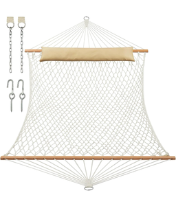lot 16498 image: JoyView Traditional Rope Double Hammock - Hand Woven Cotton Hammock with Hardwood Spreader Bar and Pillow 450lb Capacity for Outdoor Indoor Patio Yard - Natural - Retail $71