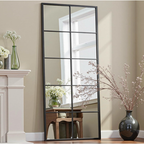 lot 16499 image: Full Length Mirror, 65x24 Window Pane Mirror for Wall Decor, White Full Body or Wall Mounted Mirrors, Farmhouse Standing Mirrors Hanging or Leaning for Living Room, Entryway, No Stand White not Black - Retail $119
