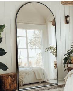 lot 16500 image: Full Length Mirror with Stand, 71x32 Arched Full Body Mirror, Large Stand Up Mirrors, Aluminum Frame Floor Standing Mirrors, Freestanding Hanging Leaning Mounted for Bedroom Living Room, Black - Retail $155
