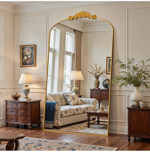lot 16502 image: Antok Arched Full Length Mirror, 72x44 Floor Mirror with Carved, Full Body Mirrors for HomeDecor, StandingHalling Large Wall Mirror for Bedroom, Living Room, Cloakroom, Gold, Retro Style - Retail $369