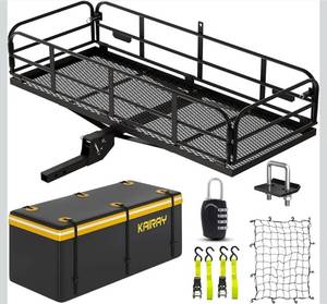 lot 16503 image: KAIRAY 500 Lbs Heavy Duty Hitch Mount Cargo Carrier 60x24x14.4 Folding Rear Luggage Rack Basket Fits 2 Receiver for Car SUV Camping Traveling with Stablizer Waterproof Bag Net Ratchet Straps Lock - Retail $299