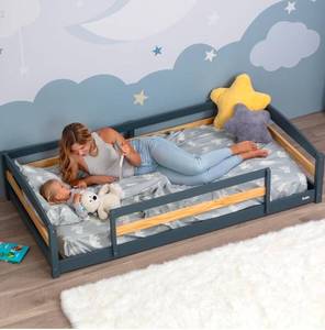 lot 16517 image: Ocodile Twin Floor Bed with Safety Guardrails for Kids, Montessori Inspired with Rails and 2 Openings, Twin Size Bed Frame for Girls and Boys - Gray - Retail $239