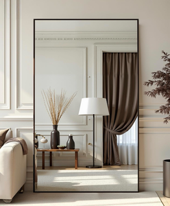 lot 16518 image: Antok Full Length Mirror, 76x44 Floor Mirror, Floor Standing Freestanding Full Body Mirror with Stand for Bedroom, Hanging Mounted for Living Room Cloakroom, Black - Retail $239