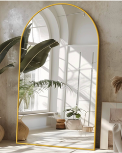 lot 16520 image: Antok 76 x44�� Arched Full Length Floor Mirror, Gold Aluminum Frame, Free StandingWall MountLeaning for Bedroom, Living Room, Dressing Room - Retail $229