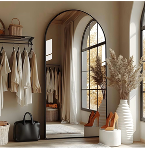 lot 16525 image: Full Length Mirror with Stand, 41x81 Floor Mirror Freestanding, Arched Wall Mirror, Oversized, Wall Mounted Mirror for Bedroom(Black) - Retail $199