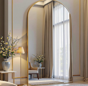 lot 16526 image: Arched Floor Mirror, 76 x 34 Full Length Mirror Wall Mirrors Hanging or Leaning Arched-Top Full Body Mirrors with Stand for Bedroom, Dressing Room, Gold - Retail $149
