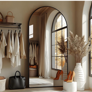 lot 16527 image: Full Length Mirror with Stand, 41x81 Floor Mirror Freestanding, Arched Wall Mirror, Oversized, Wall Mounted Mirror for Bedroom(Black) - Retail $199