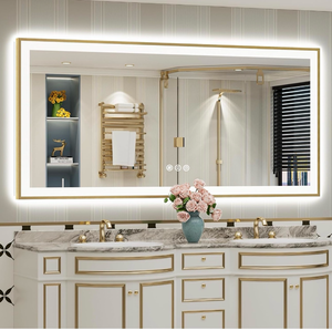 lot 16531 image: 72x36 Gold LED Bathroom Mirror with Lights, Brushed Gold Framed Backlit and Front Lit Anti-Fog Lighted Vanity Mirrors for Bathroom Wall, Dimmable, 3 Colors, Memory, HD Tempered Glass, CRI��90 - Retail $419