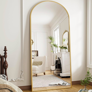 lot 16532 image: OGCAU 76x34 Arched Full Length Mirror, Hanging Leaning or Standing Full Body Mirror, Wall Mounted Mirror with Aluminum Frame for Living Room, Bedroom or Cloakroom (Gold) - Retail $150