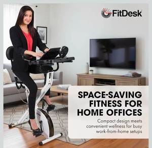 lot 16560 image: FitDesk Standing Exercise Bike Desk 3.0, Adjustable Height Indoor Cycling Trainer with Laptop Tray, Portable Stationary Fitness Desk for Home Office, Foldable Exercise Workstation, Supports 300 lbs - Retail $289