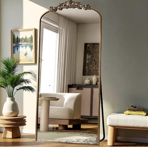 lot 16562 image: Arched Full Length Mirror, 71x32 Full Body Mirrors with Carved, Floor Mirror for HomeDecor, StandingHalling Large Wall Mirror for Bedroom, Living Room, Cloakroom, Bronze, Retro Style - Retail $189