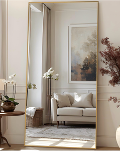lot 16564 image: Full Length Mirror, 83x44 Floor Mirror Freestanding, Oversized Floor Standing Full Body Mirror with Stand for Bedroom, Hanging Mounted for Living Room Cloakroom, Gold, Rect - Retail $259