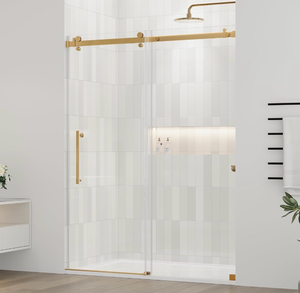 lot 16567 image: DELAVIN 56-60.in W x 72.in H Frameless Shower Door, Water Repellent Gold Shower Door with SGCC Clear Tempered Glass, Easy Sliding Showe Door with Explosion-Proof Film, Stainless Steel Top Rail - Retail $559