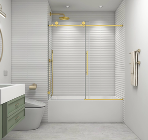 lot 16579 image: 55-60 W x 63 H Soft Closing Sliding Bathtub Shower Doors,Water Repellent Frameless Tub Shower Door,516 (8mm) Transparent Glass,Nano Explosion-Proof Film (Brushed Gold 60 Wx63) - Retail $439