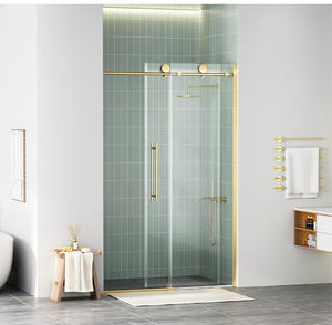 lot 16580 image: WinZo Frameless Shower Door 44-48 in W x 75 in H, Sliding Shower Door with 516(8mm) Clear Tempered Glass Shower Door, Easy to Clean Bathroom, Silent Soft-Close Design, Brushed Gold - Retail $529