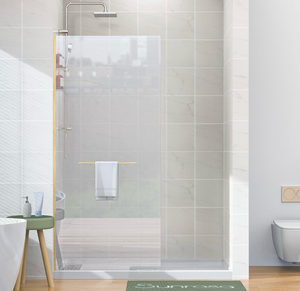 lot 16583 image: Sunrosa Frameless Glass Shower Panel 34�76, Fixed Shower Glass Panel with Shelves in Brushed Gold, 38 Tempered Glass Shower Screen for Walk in Shower - Retail $347