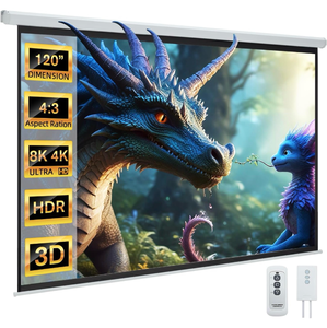 lot 16593 image: YODOLLA 120 inch Projector Screen Motorized,43 HD Retractable Electric Projector Screen 4K 3D Wall Mounted Ceiling Automatic Projection Screen Drop Down with Remote Movie Screen for Indoor Outdoor - Retail $169