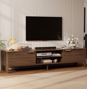 lot 16511 image: TV Stand for Living Room - up to 80 Inch TVs Mid Century Modern Entertainment Center with Storage and Adjustable Shelves, Media Console Table Walnut 71 - Retail $239