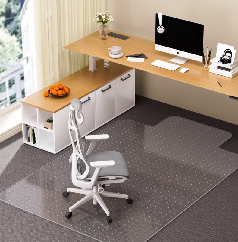 lot 2862 image: Office Chair Mat for Carpet with Lip, 40 x 50 Clear Plastic Heavy Duty Desk Floor Protector, Low Pile Carpet Saver Mat for Rolling Chairs, Smooth Glide Computer Chair Mat for Office or Home - Retail $0