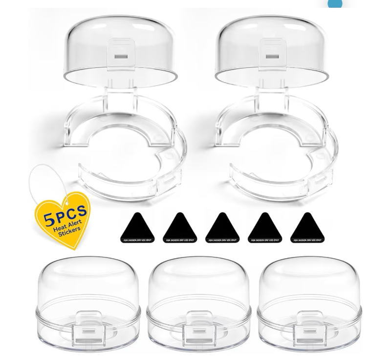 lot 2866 image: Stove Knob Safety Covers, 5Pcs Fits 90% OvenStove 5 Heat Alert Stickers Oven Knob Covers for Child Safety, 2nd Gen Kitchen Burner Childproofing, Gas Stove Knob Locks for Kid Baby Pet (Clear) - Retail $0