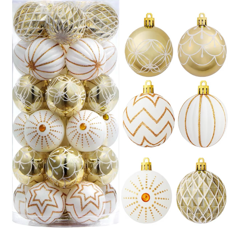 lot 2871 image: JOYIN 30 Pcs 2.36 Christmas Balls Ornaments, Gold & White Assorted Christmas Hanging Ornaments, Shatterproof Balls Decor for Xmas Tree Wreath Garland Holiday Indoor Party - Retail $0