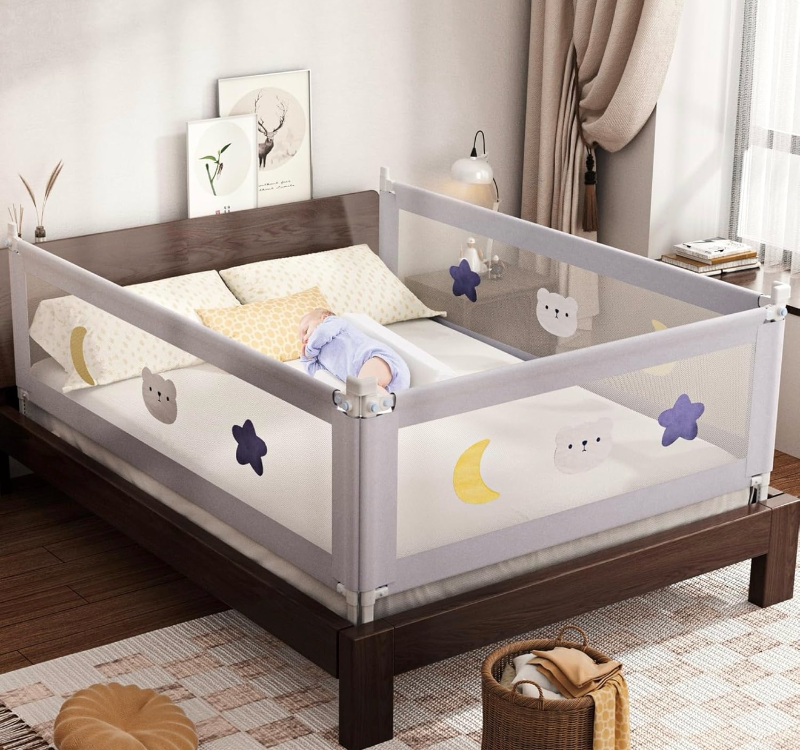 lot 905 image: omzer Bed Rail for Toddlers - (3 Pack) Toddler Bed Rails with Double Child Lock, Bed Rail for Baby Kids with Pattern, Infants Height Adjustment Guardrail for King Size Bed - 3 Pack, 78.7x78.7x74.8�� - Retail $0