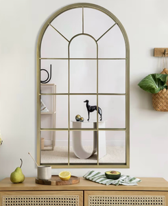 lot 8456 image: Wall Mirror Window Decorative Mirrors Arched Farmhouse for Living Room Bedroom Entryway Bathroom Vanity (Gold, 41.3 x 24 x 1) - Retail $0
