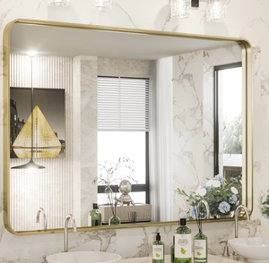 lot 8474 image: 48x36 in framed  wall mount bathroom vanity mirror in gold  - Retail $0
