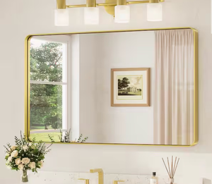 lot 8475 image: Keon Jinn 48 in. W � 30 in. H ModernRectangular Aluminum Framed WallBathroom Vanity Mirror in BrushGold Bathroom Mirror - Retail $0