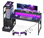 AODK 59 Inch Gaming Desk with USB Charging Ports & LED Light- Reversible Computer Desk with Storage Shelves & Monitor Stand, Modern Gamer Desk Table with Fabric Drawers & Side Hook, Carbon Fiber Black - Retail: $0