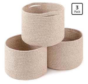lot 2004 image: OIAHOMY Small Storage Baskets for Organizing,Closet Cube Shelf Storage, 9.8���9.8���7.1��, Woven Cotton Rope Gift Baskets for Nursery,Cute Dog Toy bins, Round 3 Packs, Brown