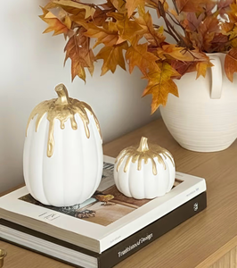 lot 2012 image: WDS WONDROUS Fall Pumpkin Decor Set of 2, White and Gold Pumpkins for Decorating, Resin Fake Pumpkin Figurines, Harvest Thanksgiving Mantel Table Centerpiece Autumn Home Decoration Gift