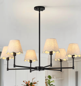 lot 2026 image: 6-Light Black Chandelier with White Linen Shades, 37.5��Modern Pendant Light Fixture for Dining Room, E12 Base, Height Adjustable, Living Room Bedroom Hallway Ceiling Lighting