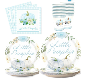 lot 2041 image: Aukolass Pumpkin Party Supplies Tableware Set - Fall Theme Party Decorations Including Plates, Napkins and Cups for Pumpkin Birthday and Baby Shower Party, Serves 24 Guests (blue)