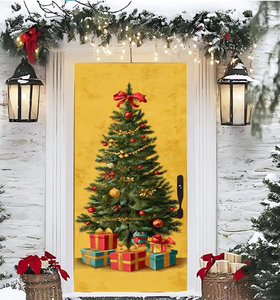 lot 2044 image: Door Sticker Winter Evergreen Tree with Gift Boxes Scene PVC Peel and Stick Door Cover for Home Entryway Hallway Seasonal Winter Decor 30.3x78.7 Inch