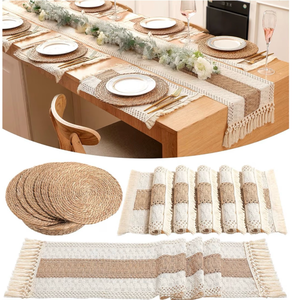 lot 2054 image: Boho Placemats 468 Set of Round Woven Placemat Macrame Style Bicolor Stitching Long Table Runner Farmhouse Rustic Natural Burlap Cotton for Kitchen Dining Table(6 Sets,Brown,12x72)