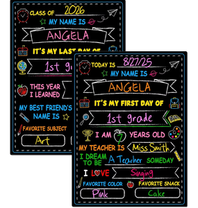 lot 2067 image: Melisheer First & Last Day of School Chalkboard, Personalized Paper Back to School Supplies, 14 X 11 in Erasable Double Sized First Day of School Board for Kids Son Daughter